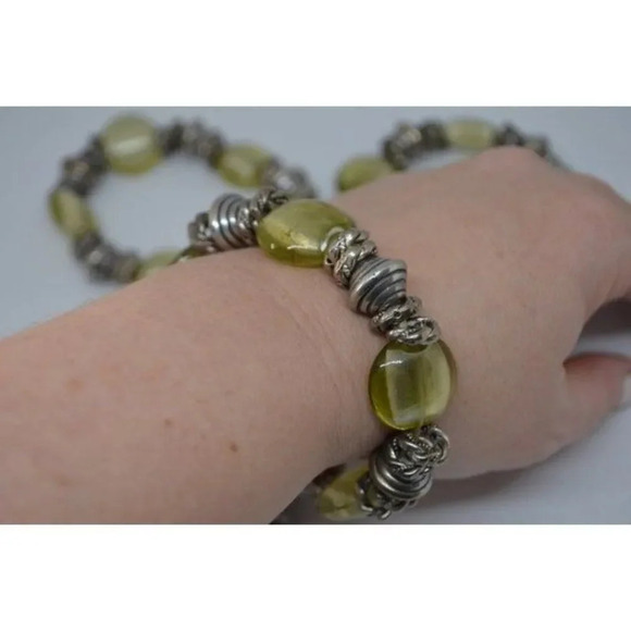 Stackable  Green Glass Silver Bracelets Chunky - Picture 3 of 9